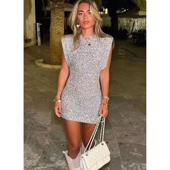 ZARA NWT ZARA SHORT SEQUINNED DRESS WITH SHOULDER PADS SILVER - Picture 1 of 10